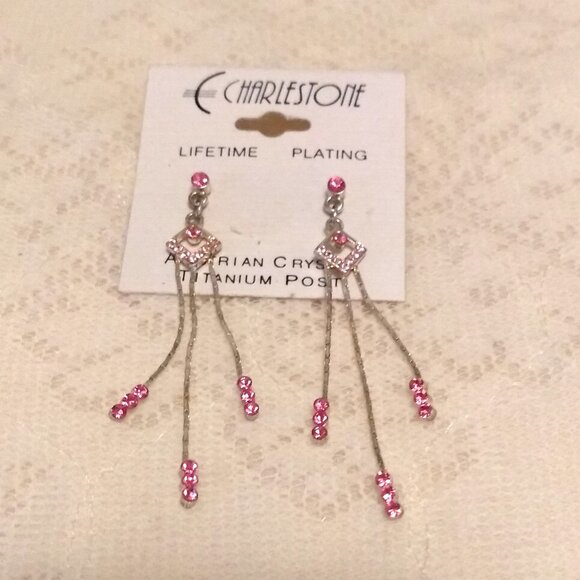 NEW Silver Plated Pink Crystal Long Drop Dangle Earrings Jewelry Gifts - Picture 6 of 7